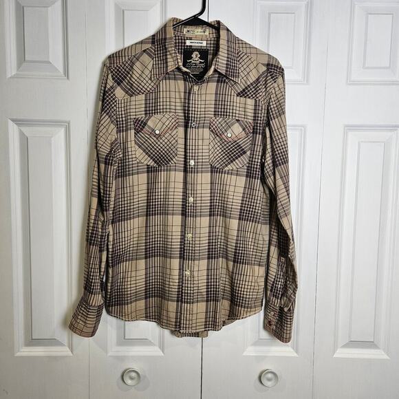 JACHS Just A Cheap Shirt Plaid Large White Pearl Button-Up Brown Plaid - Picture 1 of 9